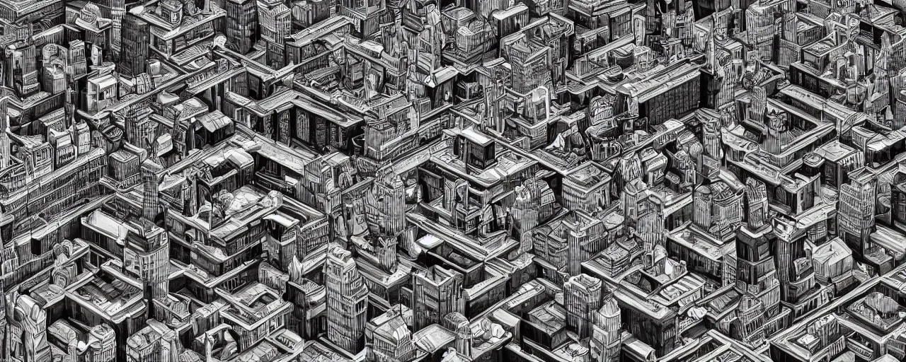 Image similar to a highly detailed cityscape, black and white, in the style of MC Escher, 4k