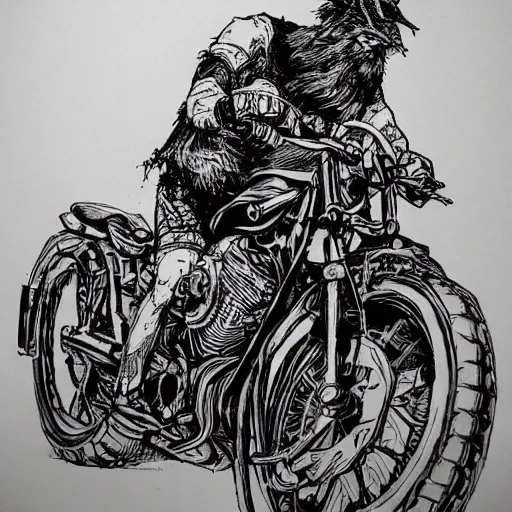 Prompt: bearded biker, intricate ink drawing, highly detailed in the style of Ashley wood