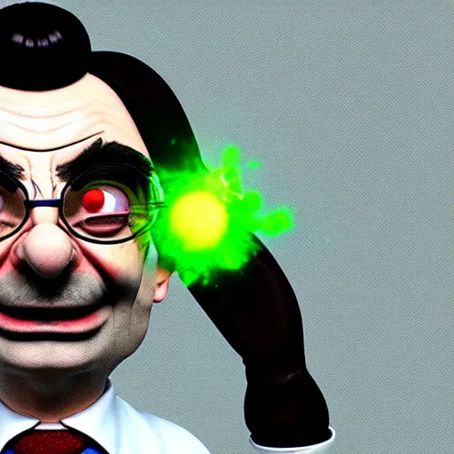 Image similar to mr. bean depicted as a mad scientist, wearing a lab coat, mixing green acids, digital art, trending on artstation and unreal engine