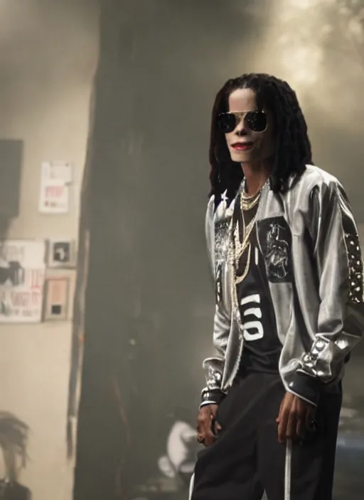 Image similar to film still of michael jackson as snoop dog in the movie straight outta compton, full-shot, 4k