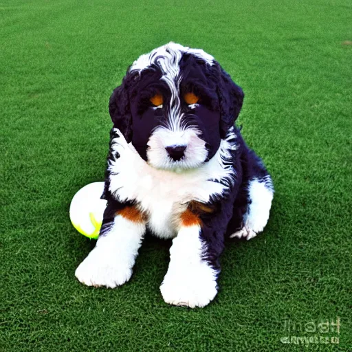 Image similar to bernedoodle puppy stuffed soccer, digital art