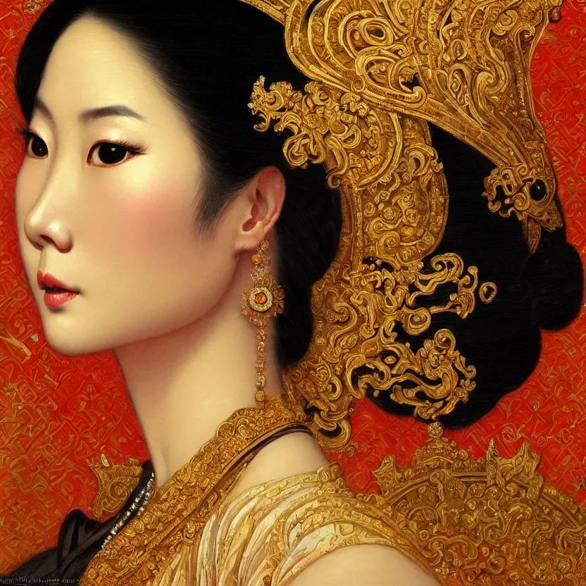 Image similar to close up portrait of the elegantly beautiful, sophisticated, slender rich vietnamese princess, imagining the rings of saturn. intricate eye detail focus, baroque, batik, by norman rockwell, range murata jeremy lipking, trending on pinterest, vivid 8 k sharp depth of field, pristine global illumination, smooth 3 d, wallpaper quality.