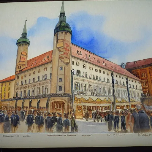 Prompt: munich royal hofbrauhaus. watercolor painting by hitler.