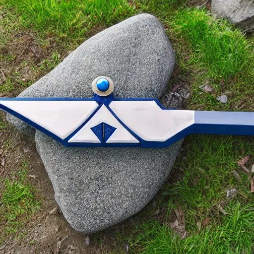 Image similar to legend of zelda master sword stuck in a stone, wide angle view