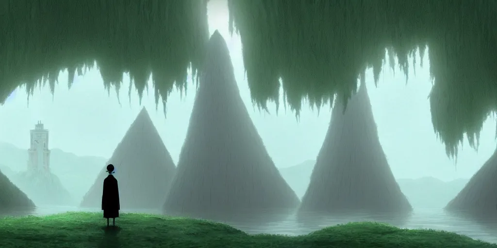 Prompt: a cell - shaded cartoon movie still from howl's moving castle ( 2 0 0 4 ) of a monk in a grey robe and a giant green golem. in the background is a white pyramid in a flooded rainforest valley. shafts of sunlight come from above. wide shot, very dull muted colors, hd, 4 k, hq