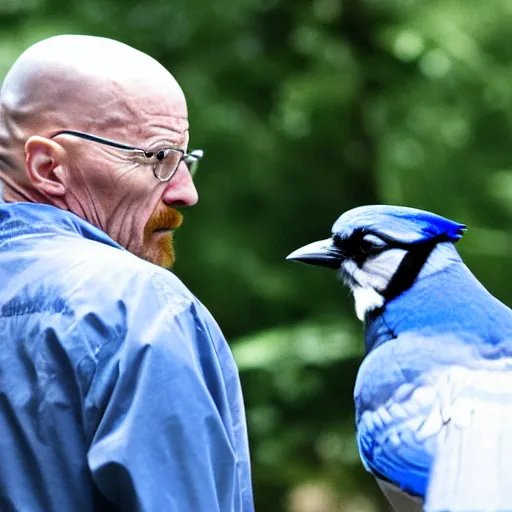 Image similar to walter white talking to a blue jay