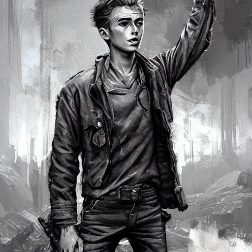 Prompt: a highly detailed epic cinematic concept art CG render digital painting artwork costume design: young James Dean as a well-kept neat anarchist rebel in 1950s USSR mechanic outfit. By Greg Rutkowski, Ilya Kuvshinov, WLOP, Stanley Artgerm Lau, Ruan Jia and Fenghua Zhong, trending on ArtStation, made in Maya, Blender and Photoshop, octane render, excellent composition, cinematic atmosphere, dynamic dramatic cinematic lighting, cinematic colors, aesthetic, very inspirational, arthouse
