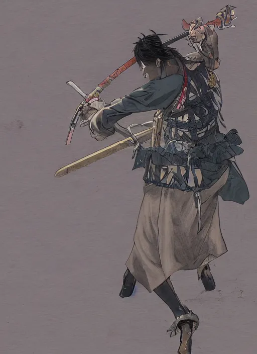 Image similar to scene from anime ninja scroll, tall samurai with long katana, back to the camera, masterpiece, highly detailed, artstation, concept art, mutud colors, soft lights, foggy, by yoshiaki kawajiri, by yousuke kabashima, by toshiyuki inoue, by atsushi takeuchi