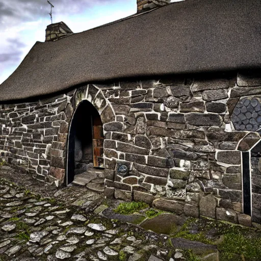 Prompt: medieval scottish blackhouse designed by constantin brodzki., fujinon premista 1 9 - 4 5 mm