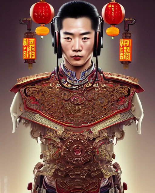 Image similar to portrait of a chinese masculine male cyberpunk machine, machine face, upper half portrait, decorated with chinese opera motifs, muscular, asian, fine china, wuxia, traditional chinese art intricate intense elegant 京 剧 highly detailed digital painting artstation concept art smooth sharp focus illustration, art by artgerm and greg rutkowski alphonse mucha 8 k