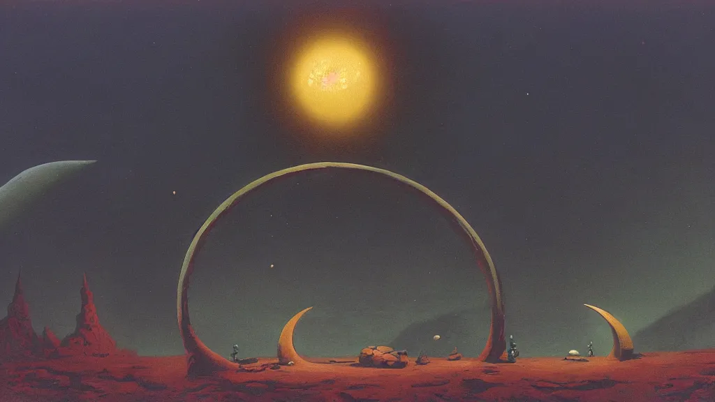 Prompt: mysterious sculpture of an alien crescent moon by paul lehr and john schoenherr, cinematic matte painting