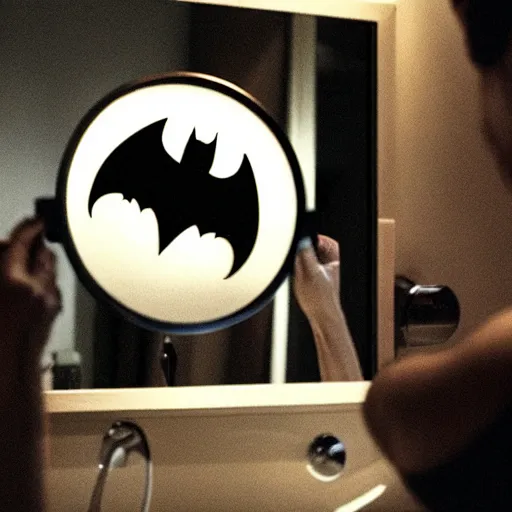 Prompt: batman taking a selfie in a bathroom mirror