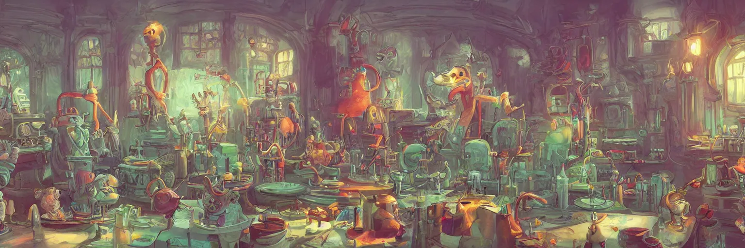 Prompt: 4K concept art of a wizards laboratory, digital art by Dr Seuss, masterpiece trending on artstation