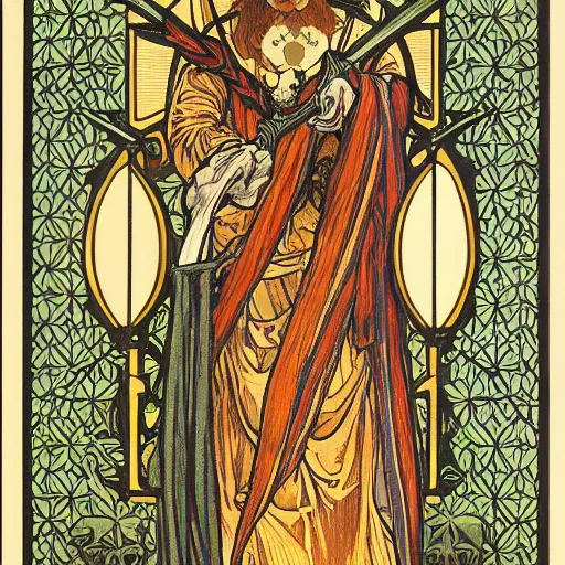 Image similar to tarot card the foolfull body portrait by william morris and alphonse mucha and stephen bliss, trending pixiv fanbox, gold inlay, skulls and roses, shiny, glow, raytracing dynamic light sources