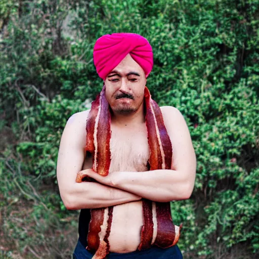 Prompt: man wearing turban made out of bacon