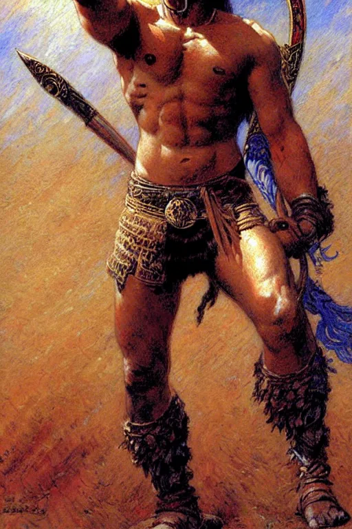 Prompt: warrior, male, character design, painting by jean giraud, gaston bussiere