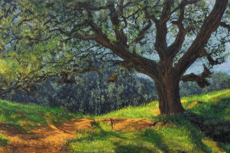 Prompt: masterpiece painting of oak trees on a hillside overlooking a creek, dramatic lighting, by nora collyer