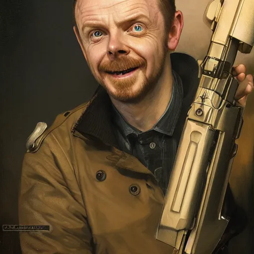 Image similar to portrait painting of simon pegg smiling like a winner with a winchester, ultra realistic, concept art, intricate details, eerie, highly detailed, photorealistic, octane render, 8 k, unreal engine. art by artgerm and greg rutkowski and alphonse mucha