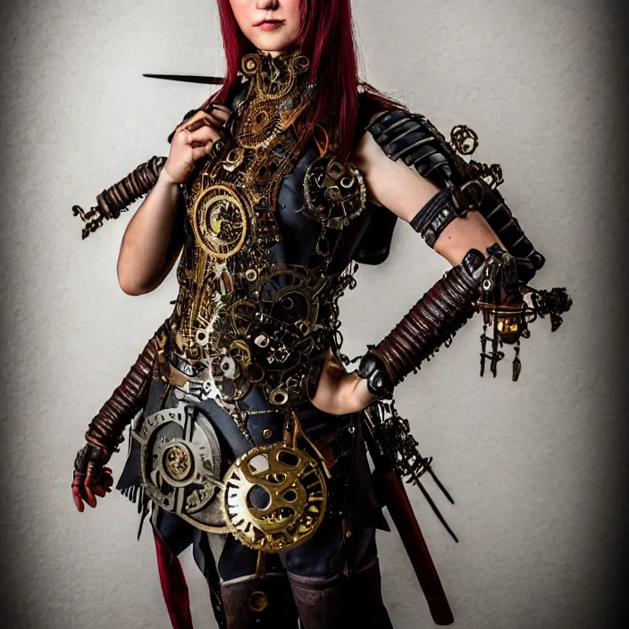 Image similar to full body photograph of a real - life very beautiful clockpunk warrior. extremely detailed. dslr. 8 5 mm.