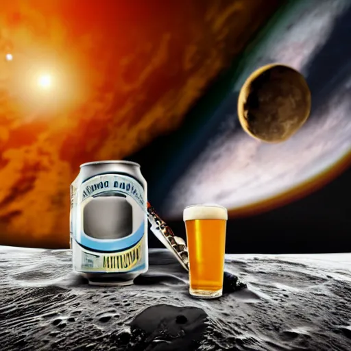 Image similar to a photo of a detailed, realistic, regular sized, sitting idle fender electric guitar next to a sitting idle beer can with an astronaut sitting down on the moon surface. detailed photo. realistic photo. cinematic. cinematic shot