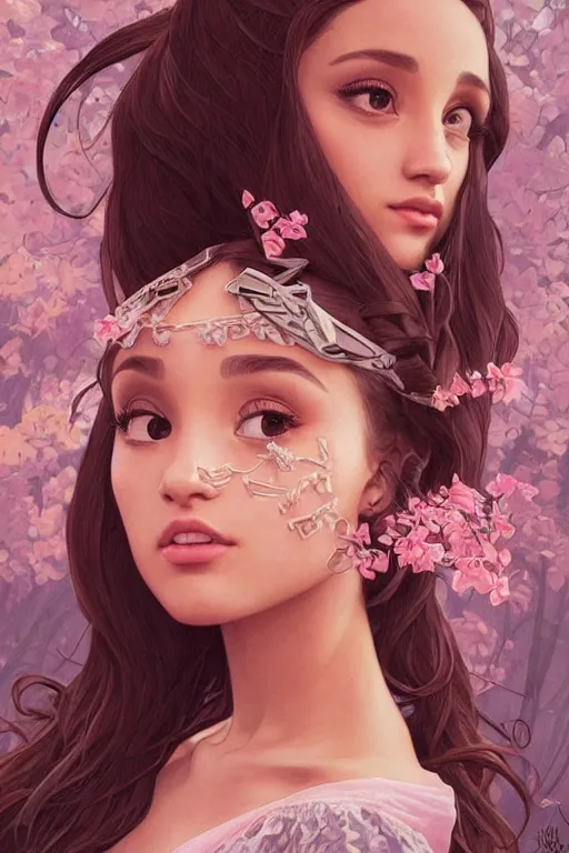 Prompt: beautiful cottagecore Ariana Grande holding a cube , intricate, elegant. highly detailed, digital painting, artstation, concept art, smooth, sharp, focus, illustration. background is pink like #ffcffe !. art by artgerm and greg rutkowski and alphonse mucha