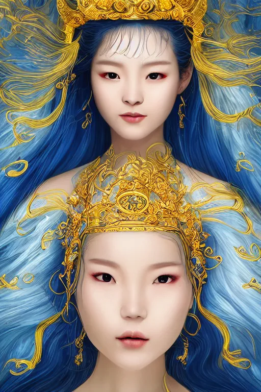 Image similar to a beautiful young asian woman, Queen of the Sea Mu Yanling, long flowing white hair, blue yellow robe with wide feather like quality, water flowing and floating around, young female face, liquid magic, cinematic top lighting, insanely detailed and intricate, face by wlop, Charlie Bowater, golden ratio, symmetric, elegant, ornate, luxury, elite, matte painting, MTG, magic the gatheing, cinematic, cgsociety, 8k, high resolution,