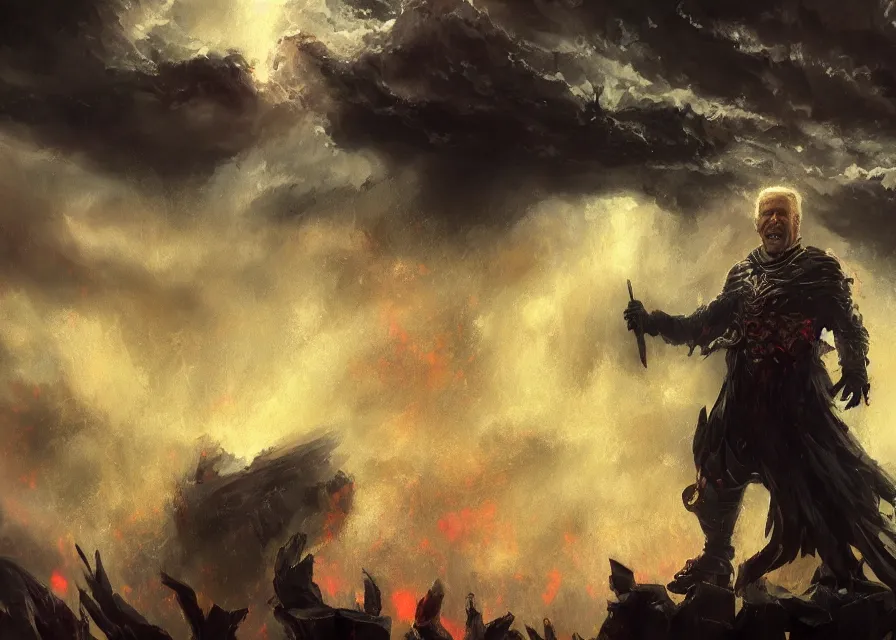 Prompt: large abstract painting of giant Joe Biden grinning evil emperor of the world emerging in dark clouds, cosmic horror, evil, dangerous, trending on ArtStation, masterpiece, by Greg Rutkowski, by Ross Tran, by Fenghua Zhong, octane, lightbeam eyes, soft render, clear facial features, oil on canvas, immense crowd of people, moody lighting, cinematic, professional environment concept art