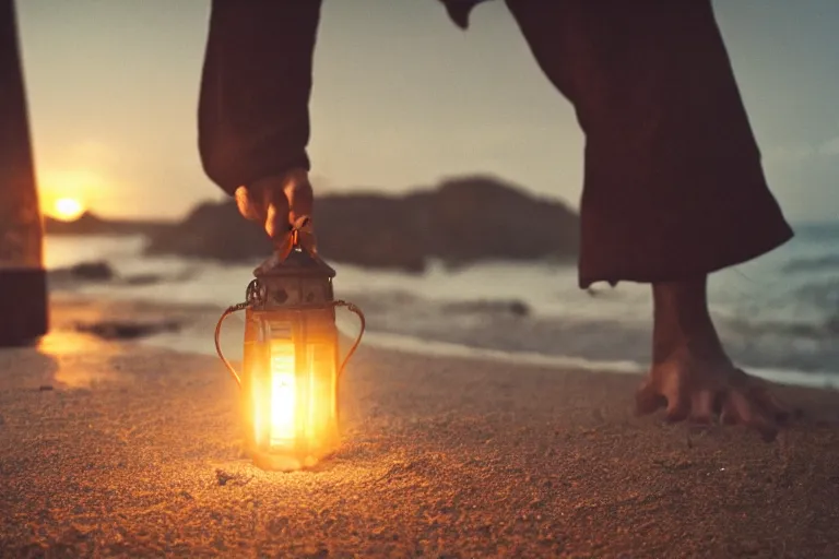 Image similar to closeup old man holding up a lantern on the beach in a pirate bay meet to a old wood shack by emmanuel lubezki