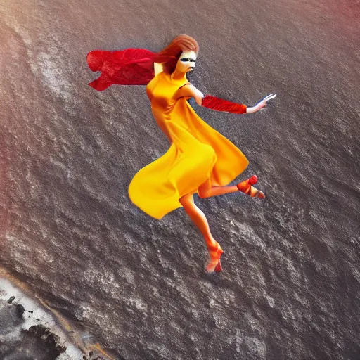 Prompt: beautiful modern dancer wearing a red and yellow and blue swirling dress, standing on a Santorini terrace looking down at the ocean, artstation, cinematic, unreal 5, DAZ, hyperrealistic, octane render, dynamic lighting