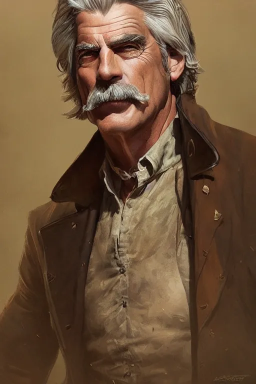 Image similar to portrait of sam elliott, western, gunslinger, duster, fantasy, intricate, elegant, highly detailed, digital painting, artstation, concept art, sharp focus, illustration, art by artgerm and greg rutkowski and alphonse mucha