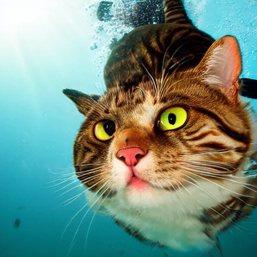 Prompt: high quality underwater photo of a cat scuba diver wearing norkel mask
