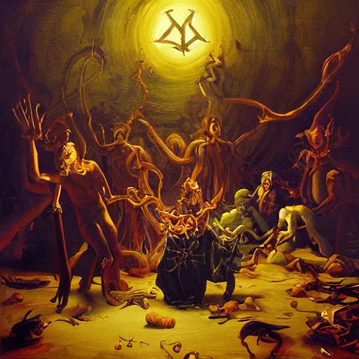 Prompt: baroque oil painting of a satanic ritual!!! different realm, cinematic, dark fantasy, acrylic palette knife, high detail, hyper realism, 4 k, 8 k, full hd, neon, realistic painting by junji ito and michael whelan