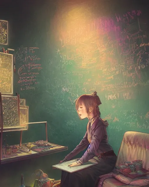 Image similar to a girl writing on a chalkboard, full shot, visible face, ambient lighting, detailed, art by ayami kojima, makoto shinkai, kilian eng