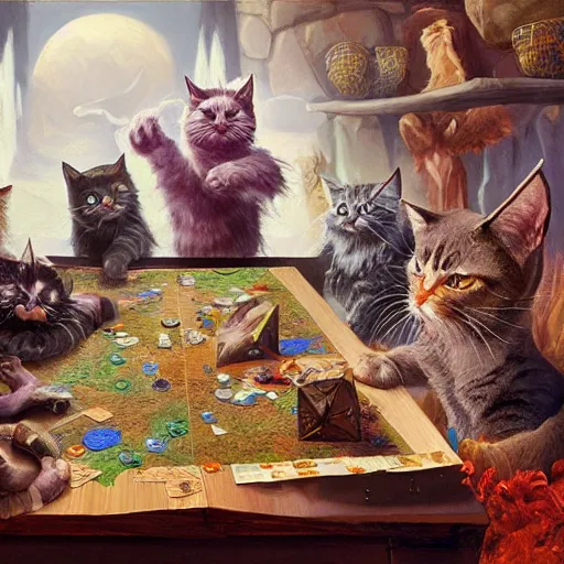 Image similar to party of cats playing dungeons and dragons, oil on canvas, surrealism, highly detailed, masterpiece, award - winning, artstationhd