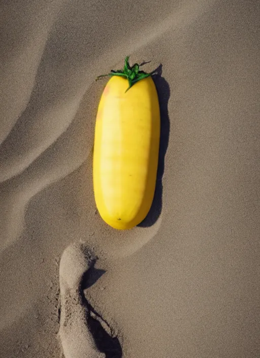 Image similar to jeff goldblum as a banana tomato on the sand of a beach