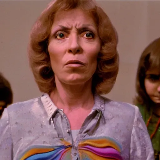 Prompt: middle-age woman enters an eyeball cult, 1977 live-action children's tv show, color