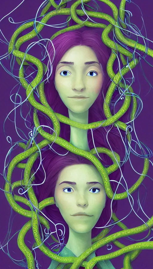 Image similar to very detailed portrait of a 2 0 years old girl surrounded by tentacles, the youg woman visage is blooming from fractal and vines, by pixar concept artists