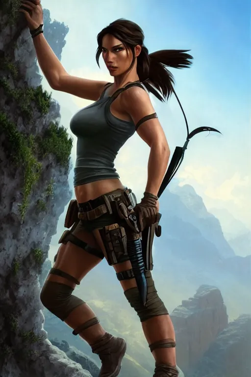 Image similar to Lara Croft, wide angle, super highly detailed, professional digital painting, artstation, concept art, smooth, sharp focus, no blur, no dof, extreme illustration, Unreal Engine 5, Photorealism, HD quality, 8k resolution, cinema 4d, 3D, beautiful, cinematic, art by artgerm and greg rutkowski and alphonse mucha and loish and WLOP