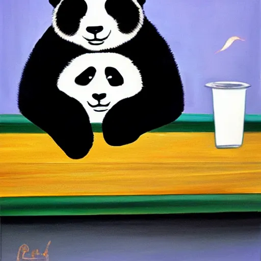 Image similar to oil in canvas of a sad panda drinking on a bar