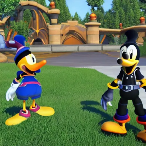 Prompt: screenshot of kingdom hearts 3, Disney and final fantasy crossover, donald duck and goofy npc characters, Kingdom hearts styled gameplay, unreal engine 4, kingdom hearts 3, kingdom hearts, cartoony lighting, disneyworld at kingdom hearts, sharp focus