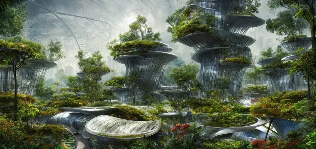 Image similar to a futuristic solarpunk garden, designed by frank gehry, sci - fi, digital art by paul chadeisson