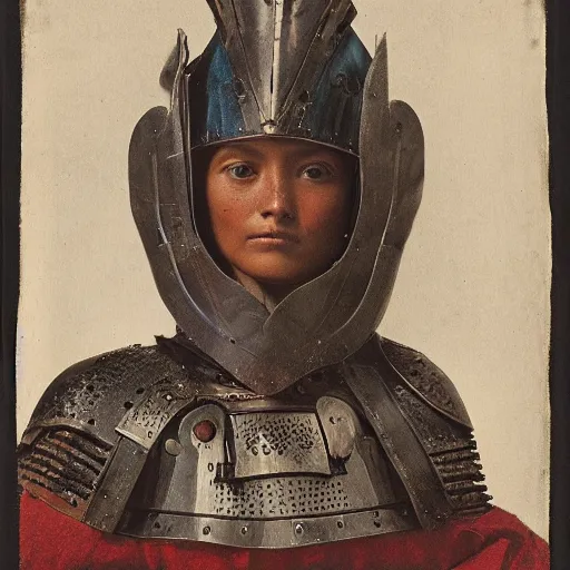 Prompt: head and shoulders portrait of a female knight, quechua, cuirass, lorica segmentata, raven, tonalist, symbolist, baroque, ambrotype, indigo and red iron oxide, angular