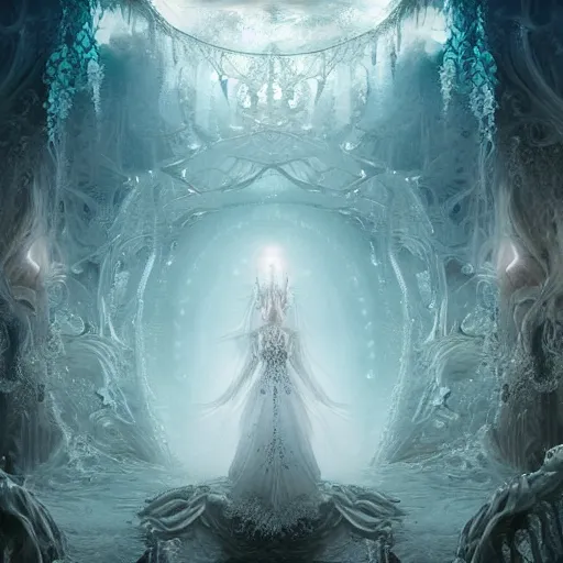 Image similar to under an white intricate like lace epic forest suspended in the air upside down, a white pool with intricate epic circles of water within floating female robots, dressed in intricate veils and jewels, and an intricate mythological underwater city, epic environment, matte painting, diffused lighting, highly detailed, cinematic, epic atmosphere, digital art, trending on artstation, wide angle