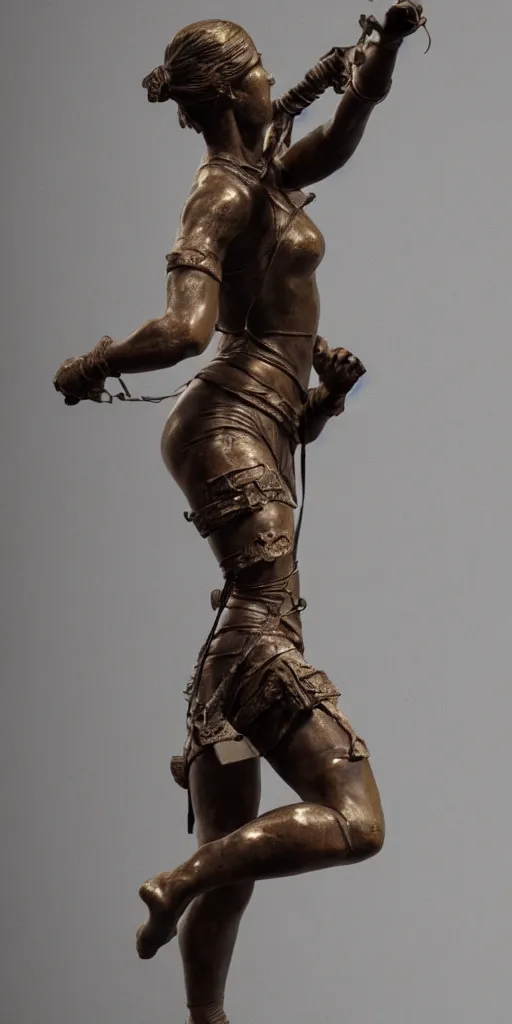 Image similar to detailed photo of old bronze patina statue of a lara croft dancing woman, full body, photorealism, intricate detail, museum diffuse lighting