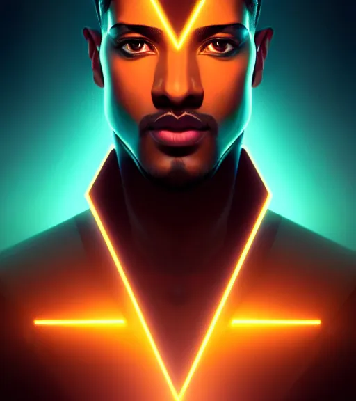 Image similar to symmetry!! egyptian king of technology, solid cube of light, hard edges, product render retro - futuristic poster scifi, lasers and neon circuits, brown skin handsome egyptian king, intricate, elegant, highly detailed, digital painting, artstation, concept art, smooth, sharp focus, illustration, dreamlike, art by artgerm