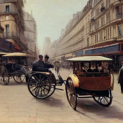 Image similar to artist ewan mcgregor is walking in early 2 0 th century paris. he is a gentleman and wears a bowler hat, horses, horse carts, horse cartridges on streets, walking ladies and gentlemen an early car prototype, early 2 0 th century tram, by d'edouard cortes