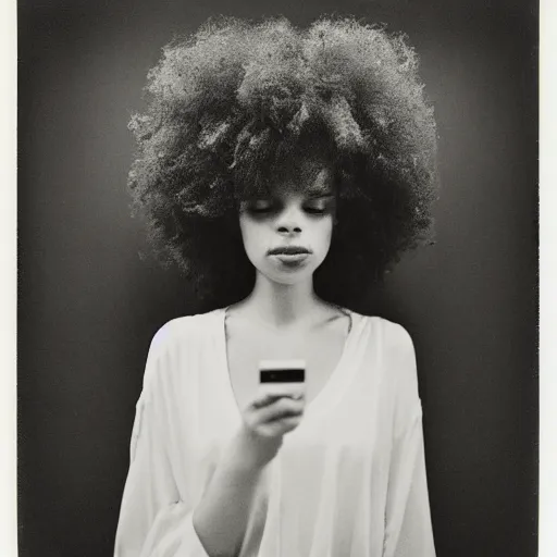 Image similar to polaroid picture, beautiful light - skinned woman, symmetrical face, curly hair, afro, full shot, artistic, black and white, eerie, francesca woodman style