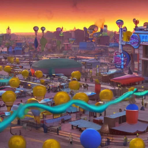 Image similar to pixar still of hotdogs falling from a blue sky at sunset in a steampunk city