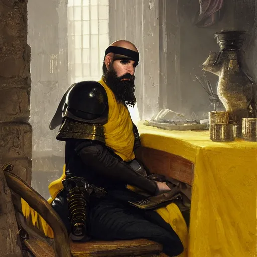 Prompt: Medium shot frustrated and acerbic male bearded Imperial soldier wearing a {black and yellow tabard} over a steel breastplate and a black gambeson leaning over a table, by Raymond Swanland Greg Rutkowski Lise Deharm, {perfect face}, {perfect eyes}, {perfect body}, {hands planted on table},