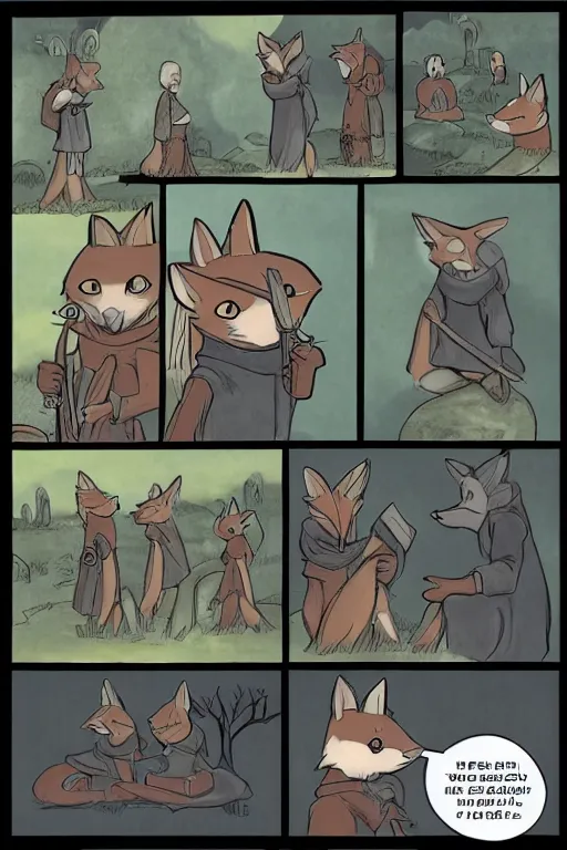 Image similar to a graphic novel comic about medival anthropomorphic foxes, by mike holmes, manga, webcomic, by kawacy